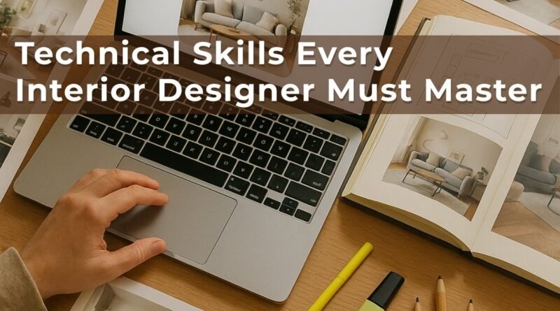 Interior designer’s workspace with laptop showing a 3D room model, open design book with floor plans, and tools for technical planning.