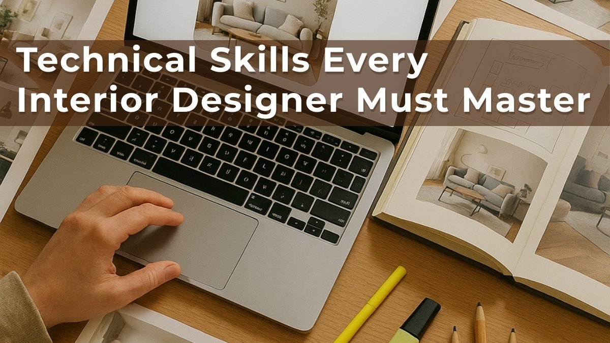 Interior designer’s workspace with laptop showing a 3D room model, open design book with floor plans, and tools for technical planning.