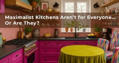 Colorful maximalist kitchen with gold hardware, green tablecloth, colorful patterned chairs, and pink tile backsplash, accented with open shelves of mugs and plants.