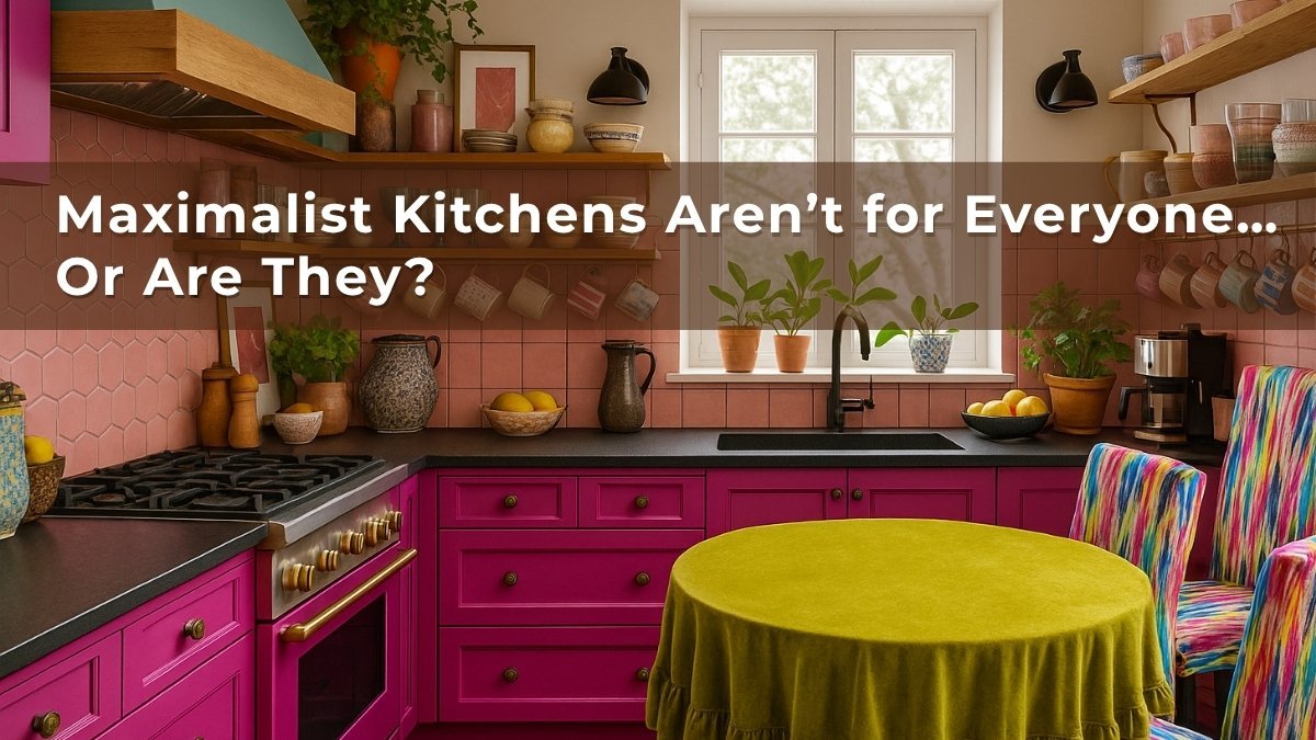 Colorful maximalist kitchen with gold hardware, green tablecloth, colorful patterned chairs, and pink tile backsplash, accented with open shelves of mugs and plants.
