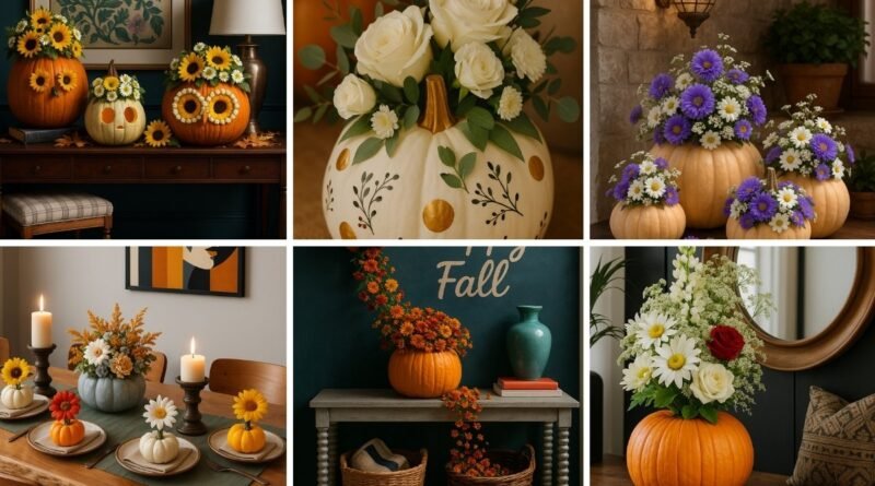 Collection of floral arrangements in pumpkins with sunflowers, roses, daisies, and seasonal blooms for chic fall décor.