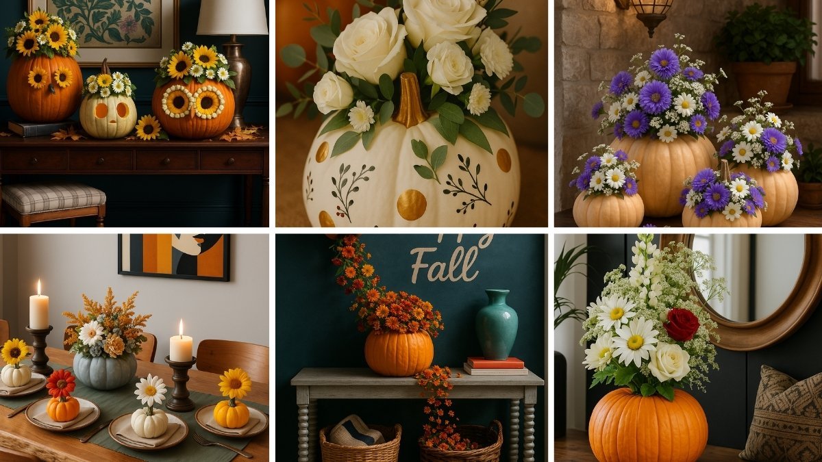 Collection of floral arrangements in pumpkins with sunflowers, roses, daisies, and seasonal blooms for chic fall décor.