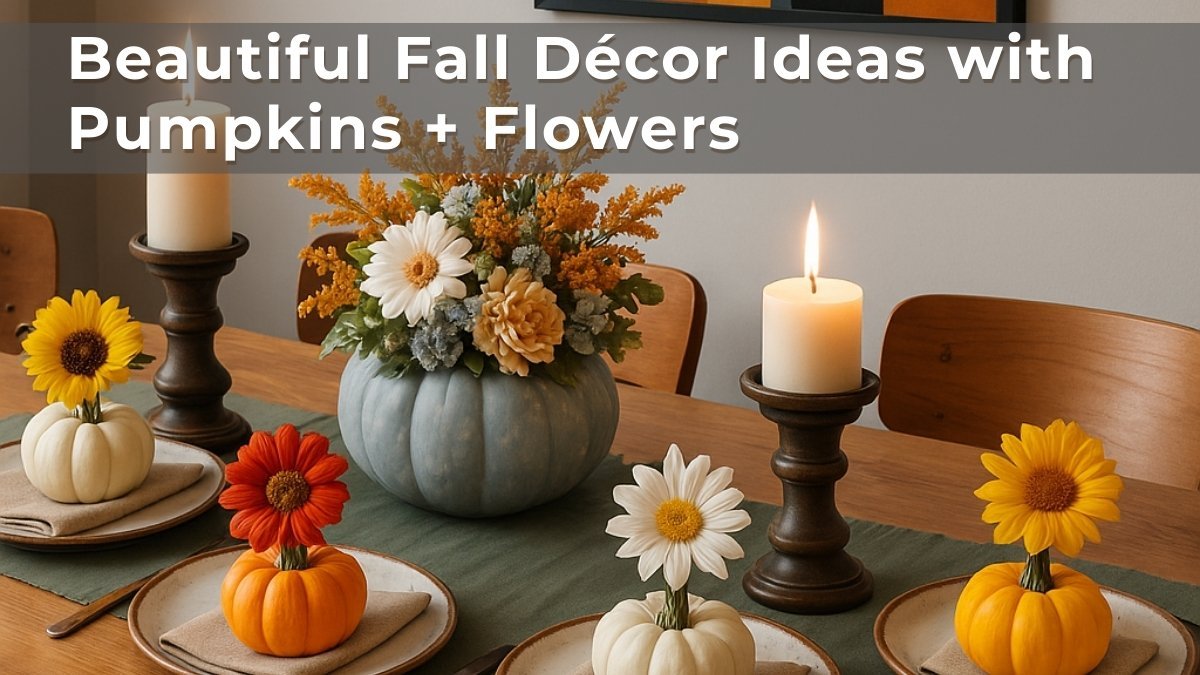 Dining table centerpiece with floral arrangements in pumpkins and candles, styled with daisies and autumn flowers for cozy fall décor.