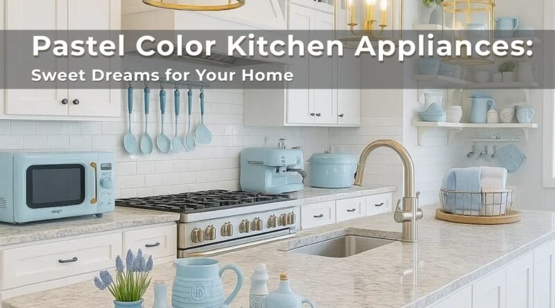 Elegant white kitchen with pastel color kitchen appliances, including a blue microwave, mixer, and utensils, styled with matching decor accents.