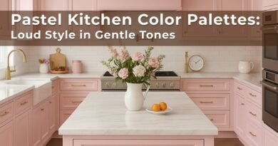 Pastel kitchen with pink cabinetry, white marble countertops, gold hardware, and a central island decorated with fresh flowers and fruit.