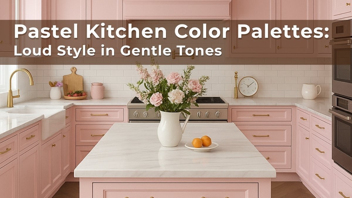 Pastel kitchen with pink cabinetry, white marble countertops, gold hardware, and a central island decorated with fresh flowers and fruit.