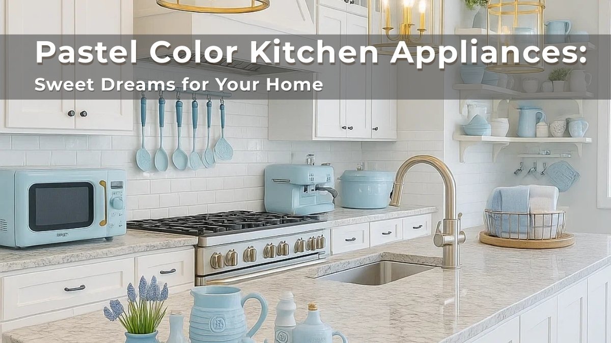 Elegant white kitchen with pastel color kitchen appliances, including a blue microwave, mixer, and utensils, styled with matching decor accents.