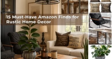 Rustic home decor moodboard featuring 15 cozy and stylish Amazon finds including a wood coffee table, faux olive tree, scripture pillows, pendant light, and natural textures.