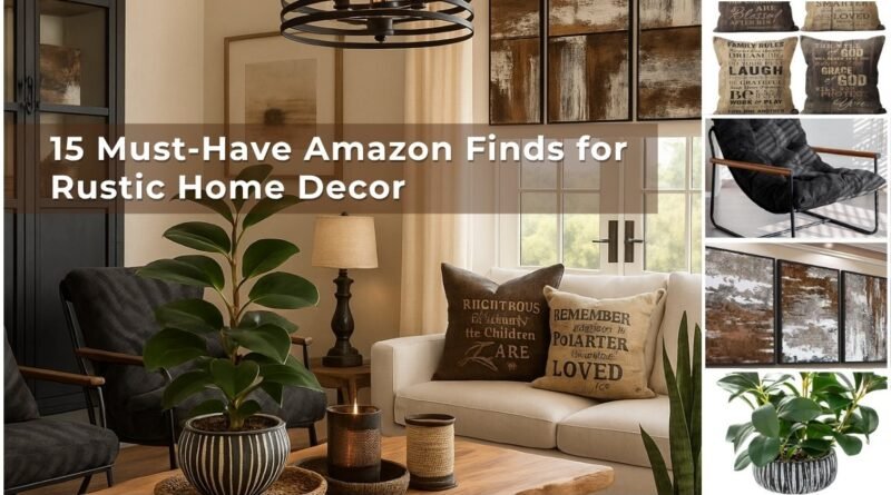 Rustic home decor moodboard featuring 15 cozy and stylish Amazon finds including a wood coffee table, faux olive tree, scripture pillows, pendant light, and natural textures.