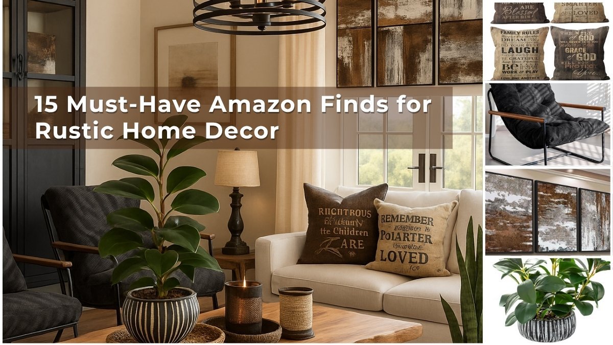 Rustic home decor moodboard featuring 15 cozy and stylish Amazon finds including a wood coffee table, faux olive tree, scripture pillows, pendant light, and natural textures.