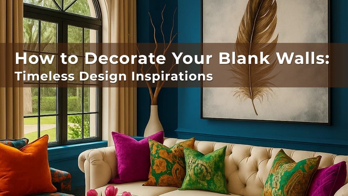 A stylish living room with bold teal walls, a large feather artwork, neutral sofa, and colorful accent pillows — perfect inspiration for how to decorate blank walls with timeless design ideas.