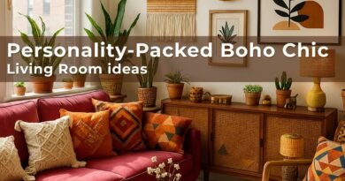 Boho chic living room with a fuchsia sofa, patterned cushions, rattan sideboard, woven lamps, and indoor plants creating a vibrant, cozy style.