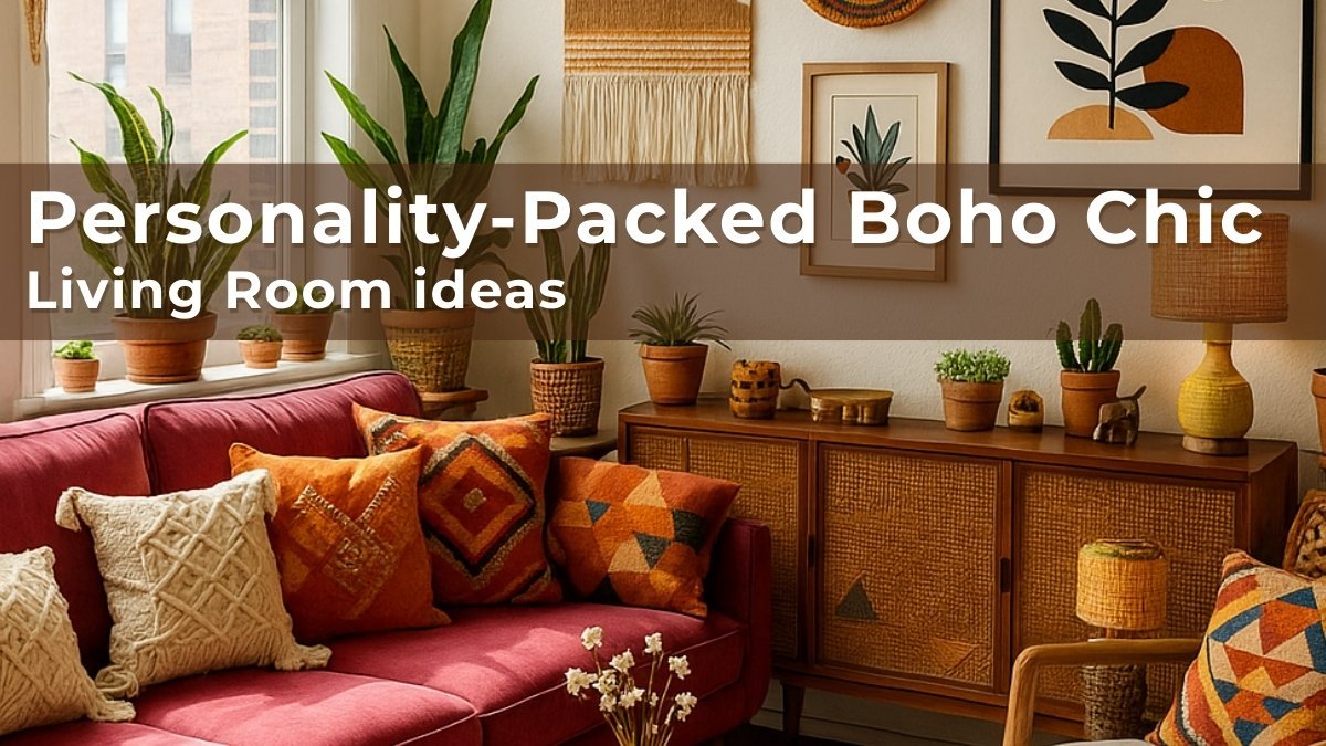 Boho chic living room with a fuchsia sofa, patterned cushions, rattan sideboard, woven lamps, and indoor plants creating a vibrant, cozy style.