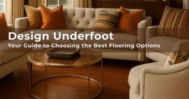 Elegant living room with warm-toned wood flooring, cream sofas, and orange accent pillows, featuring stylish and practical flooring options for your home.