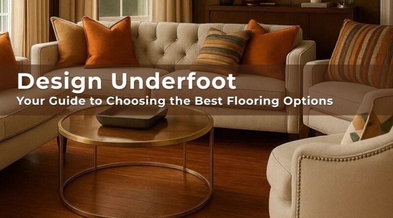 Elegant living room with warm-toned wood flooring, cream sofas, and orange accent pillows, featuring stylish and practical flooring options for your home.
