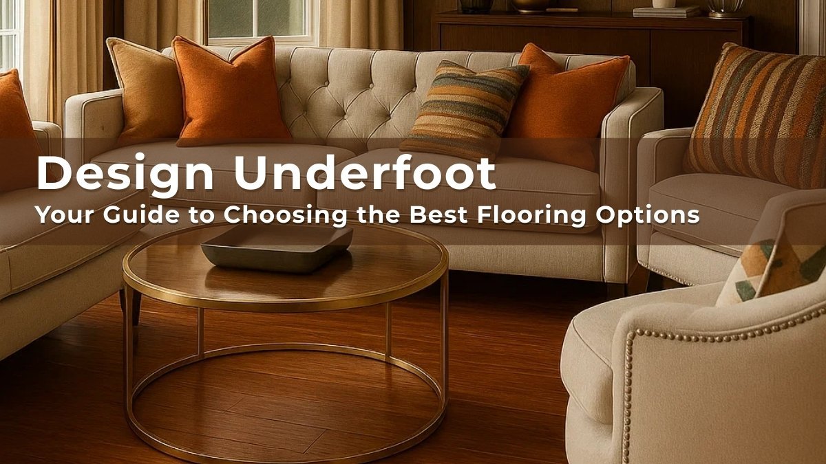 Elegant living room with warm-toned wood flooring, cream sofas, and orange accent pillows, featuring stylish and practical flooring options for your home.