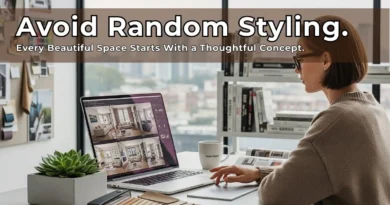A focused interior designer working on her laptop surrounded by design materials, showing how thoughtful design concepts begin with intentional planning.