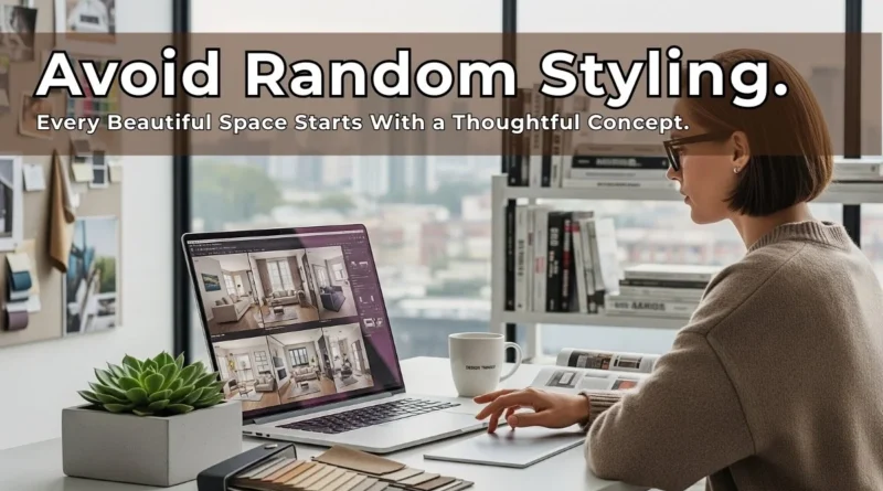A focused interior designer working on her laptop surrounded by design materials, showing how thoughtful design concepts begin with intentional planning.