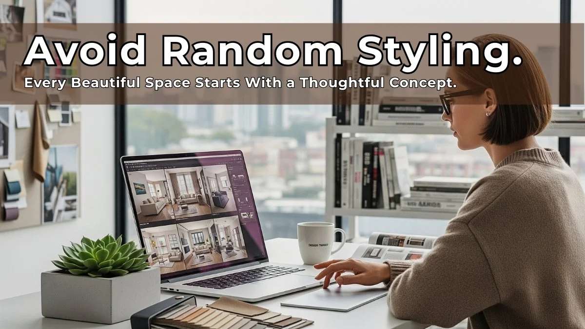 A focused interior designer working on her laptop surrounded by design materials, showing how thoughtful design concepts begin with intentional planning.