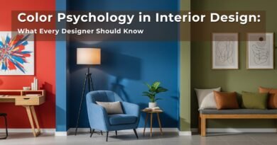 A modern interior showcasing bold color blocks—red, blue, and olive green—demonstrating the impact of color psychology in interior design. Includes a blue armchair, wooden furniture, and neutral-toned accents to balance the color palette.