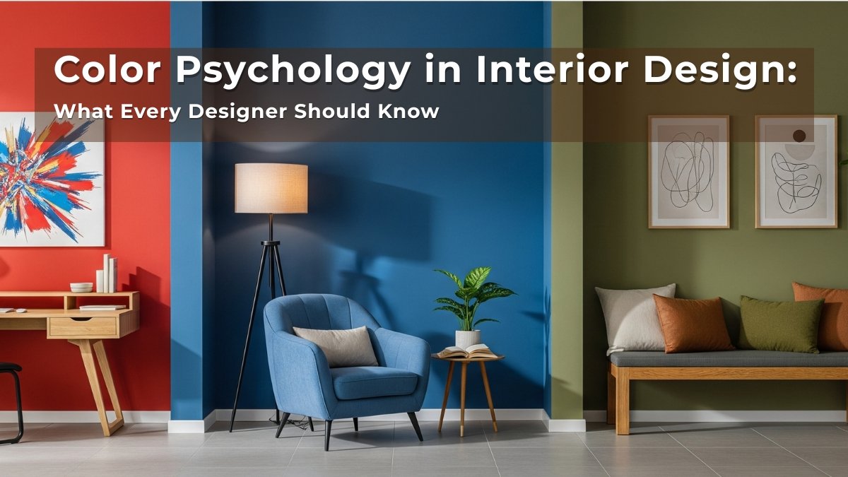 A modern interior showcasing bold color blocks—red, blue, and olive green—demonstrating the impact of color psychology in interior design. Includes a blue armchair, wooden furniture, and neutral-toned accents to balance the color palette.