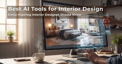 A person using futuristic AI for interior design on a desktop to design a modern bedroom interior, with digital room layouts displayed on screen.