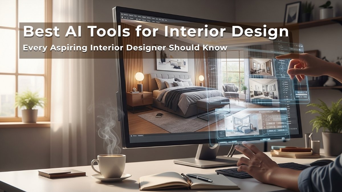 A person using futuristic AI for interior design on a desktop to design a modern bedroom interior, with digital room layouts displayed on screen.