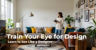A young woman stands in a vibrant, modern living room, holding a notebook and pen. She is thoughtfully observing the space, which is decorated with a neutral sofa, colorful throw pillows, a gallery wall, a patterned rug, and various plants.