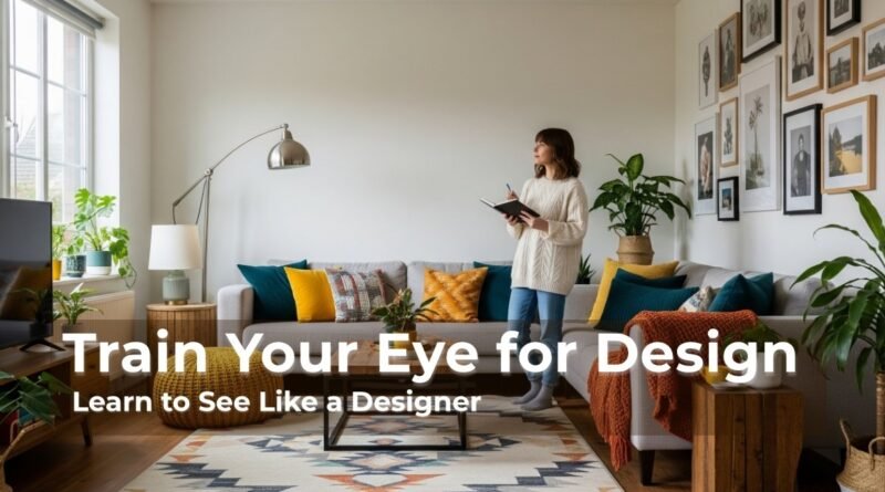 A young woman stands in a vibrant, modern living room, holding a notebook and pen. She is thoughtfully observing the space, which is decorated with a neutral sofa, colorful throw pillows, a gallery wall, a patterned rug, and various plants.