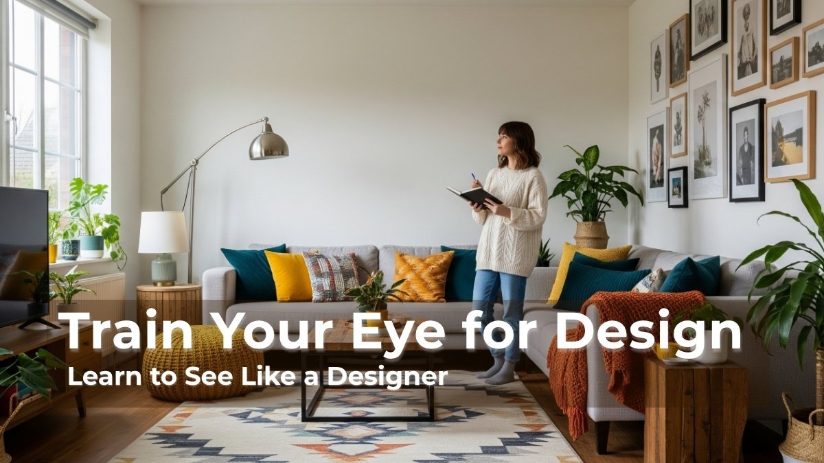 A young woman stands in a vibrant, modern living room, holding a notebook and pen. She is thoughtfully observing the space, which is decorated with a neutral sofa, colorful throw pillows, a gallery wall, a patterned rug, and various plants.