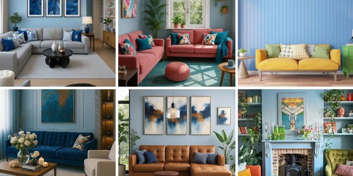 Six living room designs showcasing different ways to style with a light blue wall paint color, paired with jewel tones, neutrals, and bold accents.
