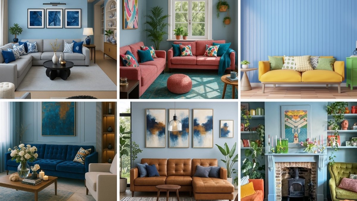 Six living room designs showcasing different ways to style with a light blue wall paint color, paired with jewel tones, neutrals, and bold accents.