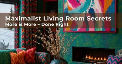 A bold maximalist living room with vibrant teal walls, colorful abstract artwork, patterned curtains, and a cozy fireplace framed by eclectic seating.