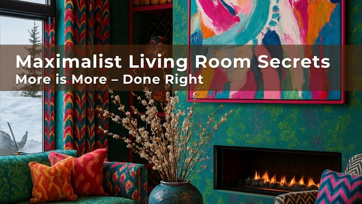 A bold maximalist living room with vibrant teal walls, colorful abstract artwork, patterned curtains, and a cozy fireplace framed by eclectic seating.