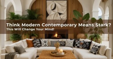 Modern contemporary living room with warm wooden accents, black-and-white patterned cushions, and lush indoor plants creating a cozy yet stylish atmosphere.