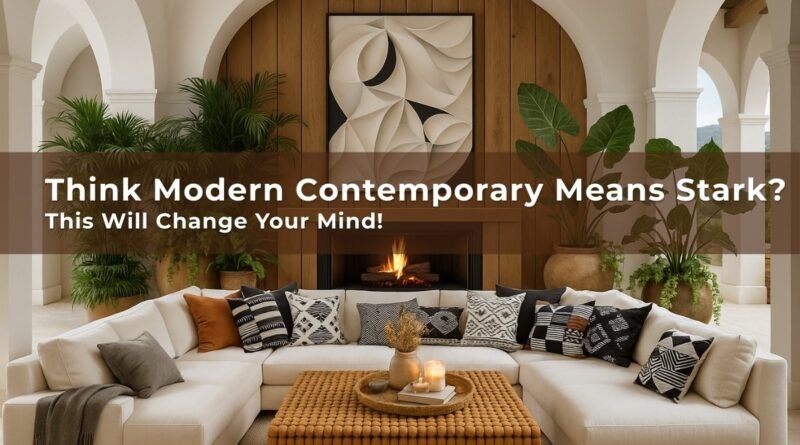Modern contemporary living room with warm wooden accents, black-and-white patterned cushions, and lush indoor plants creating a cozy yet stylish atmosphere.