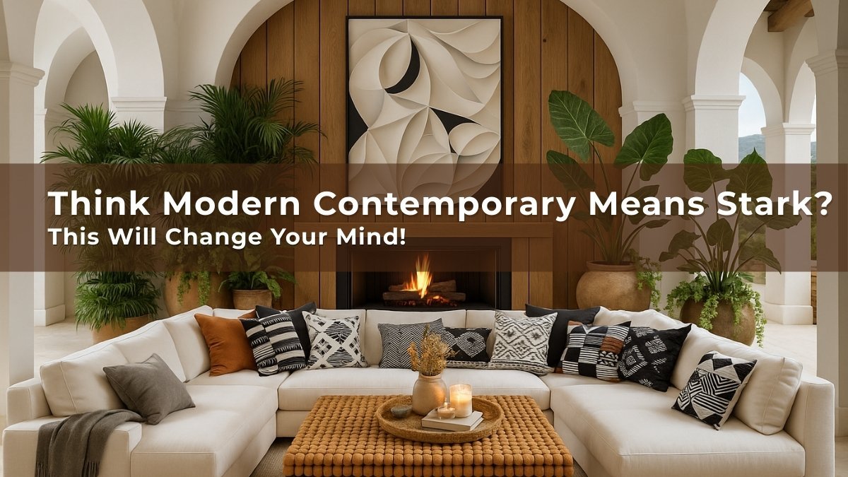 Modern contemporary living room with warm wooden accents, black-and-white patterned cushions, and lush indoor plants creating a cozy yet stylish atmosphere.