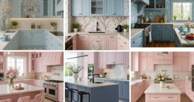 Collage of six pastel kitchen designs featuring pink and blue cabinetry, floral backsplashes, gold hardware, and a mix of modern and traditional styles.