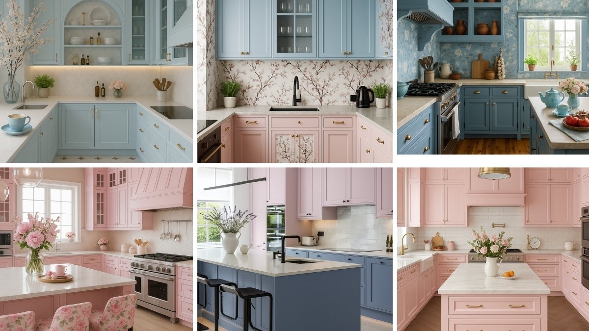 Collage of six pastel kitchen designs featuring pink and blue cabinetry, floral backsplashes, gold hardware, and a mix of modern and traditional styles.