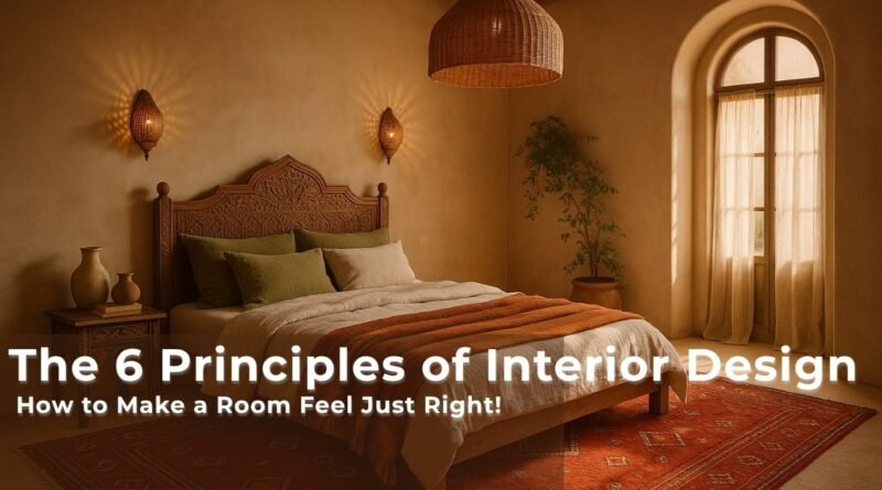 Warm, earthy-toned bedroom with layered bedding, carved wooden headboard, terracotta rug, and arched window—illustrating harmony and balance in interior design.