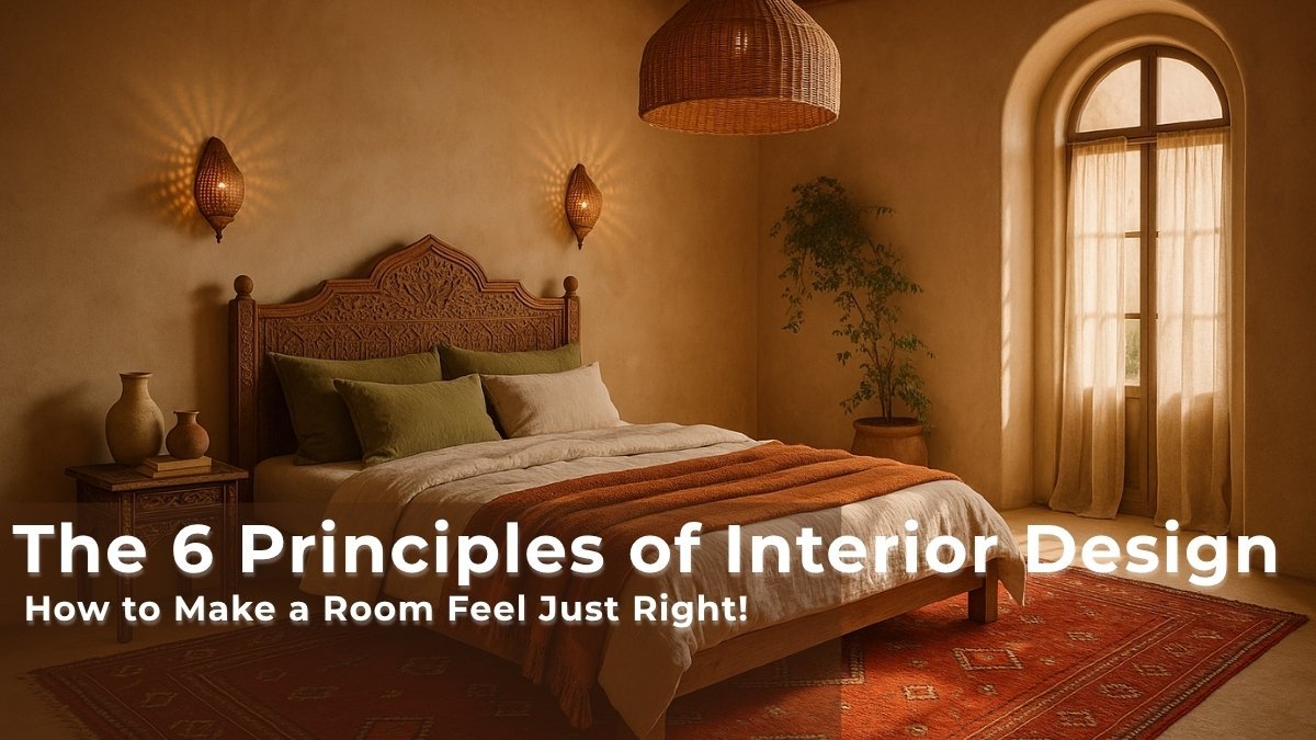 Warm, earthy-toned bedroom with layered bedding, carved wooden headboard, terracotta rug, and arched window—illustrating harmony and balance in interior design.