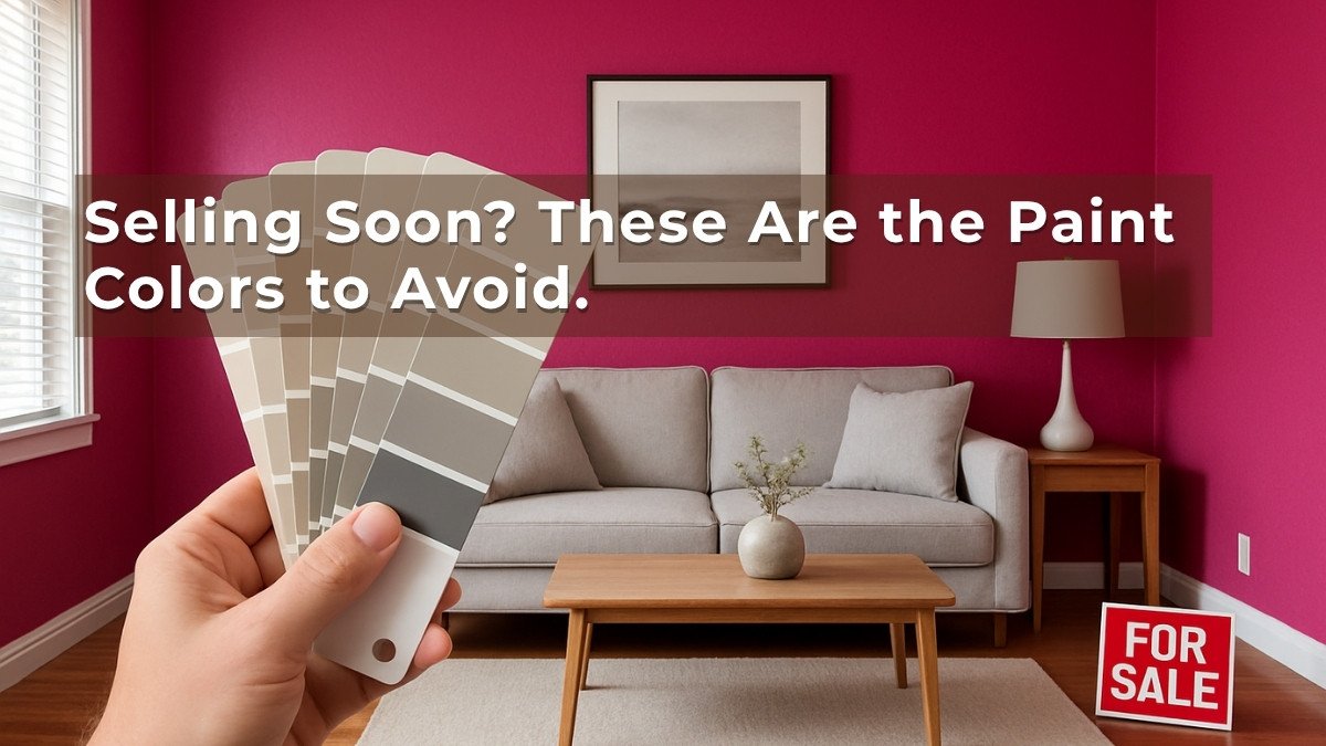 A bold pink living room with a neutral sofa, paint swatch in hand, and a For Sale sign—highlighting paint colors to avoid when selling your home.