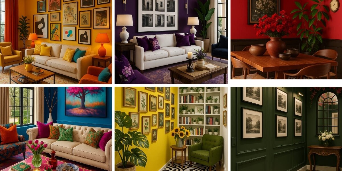 A collage of vibrant home interiors showcasing bold wall colors—yellow, purple, red, blue, and green—each styled with unique furniture and décor accents.