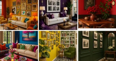 A collage of vibrant home interiors showcasing bold wall colors—yellow, purple, red, blue, and green—each styled with unique furniture and décor accents.