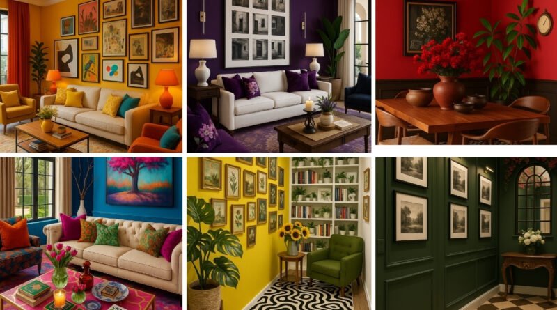 A collage of vibrant home interiors showcasing bold wall colors—yellow, purple, red, blue, and green—each styled with unique furniture and décor accents.