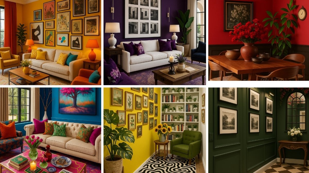 A collage of vibrant home interiors showcasing bold wall colors—yellow, purple, red, blue, and green—each styled with unique furniture and décor accents.