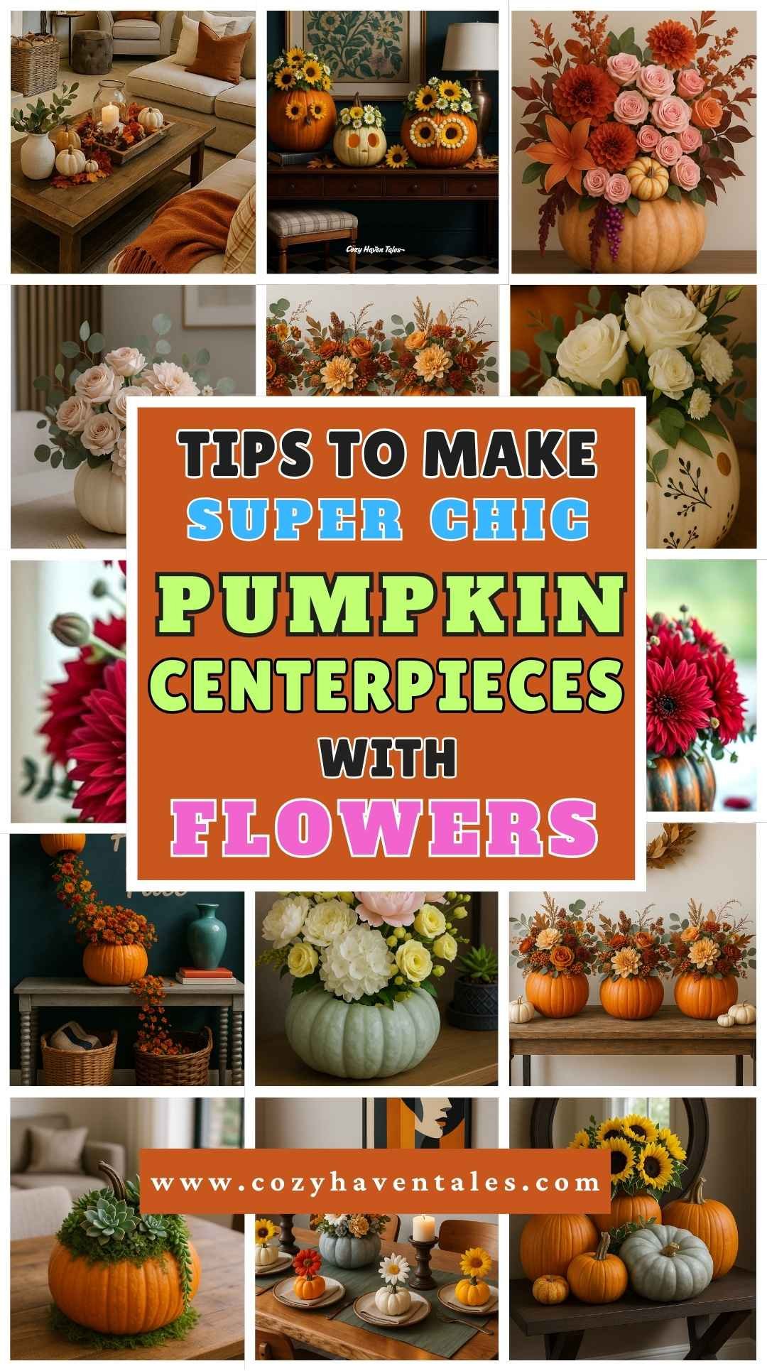 collage with tips to make super chic pumpkin centerpieces using flowers for fall décor.