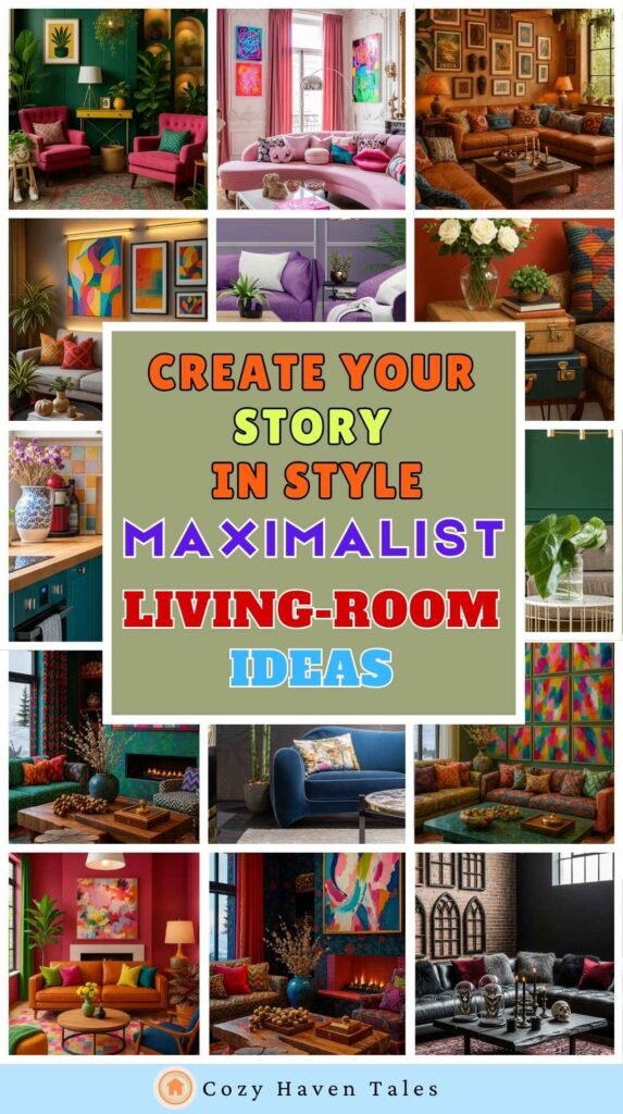 A collage of colorful maximalist living room ideas, featuring bold patterns, layered textures, statement art, and vibrant furniture styles.