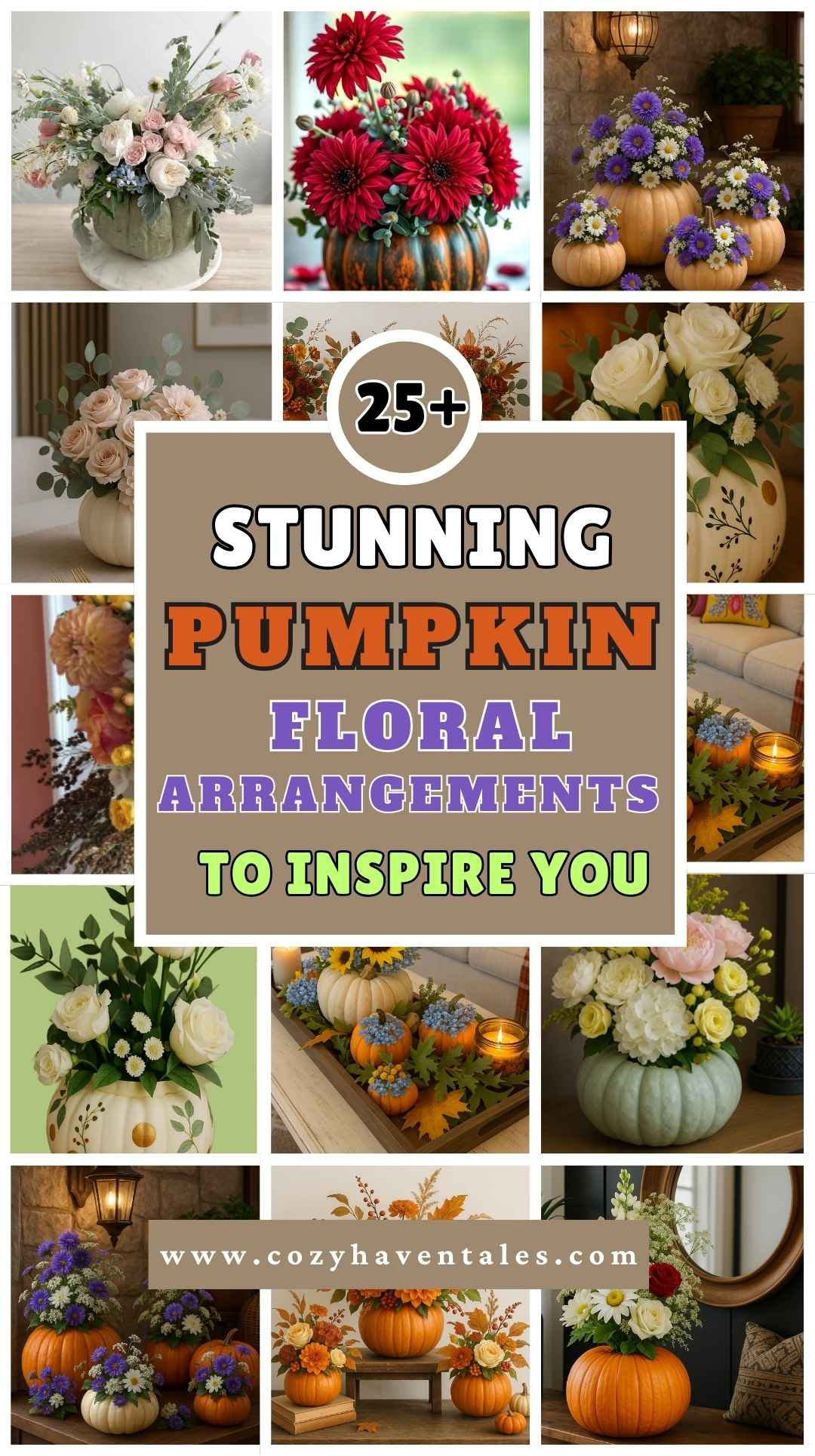 Collage with stunning pumpkin floral arrangements for seasonal decorating inspiration.