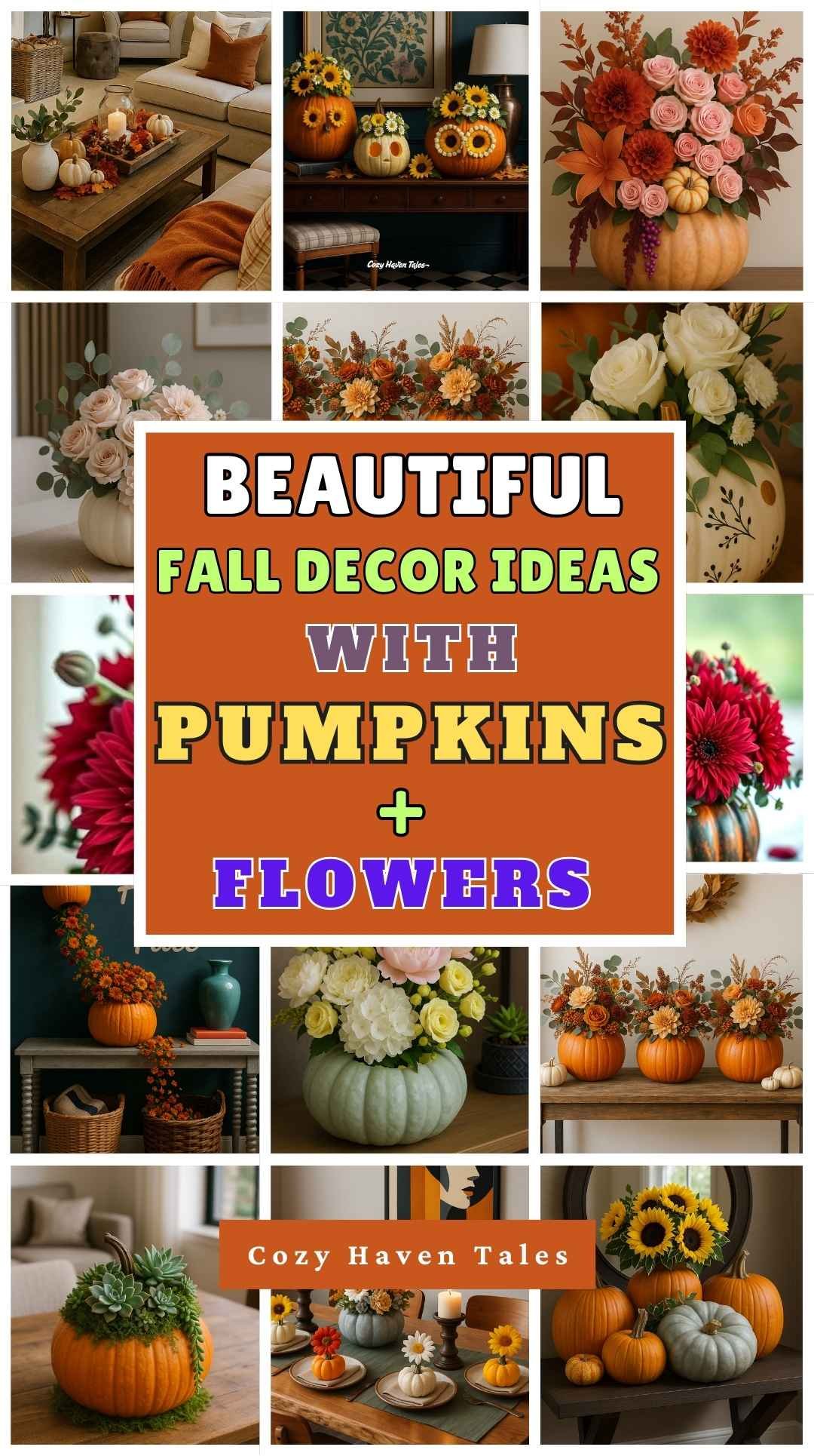 collage showcasing beautiful fall décor ideas with floral arrangements in pumpkins and seasonal flowers.